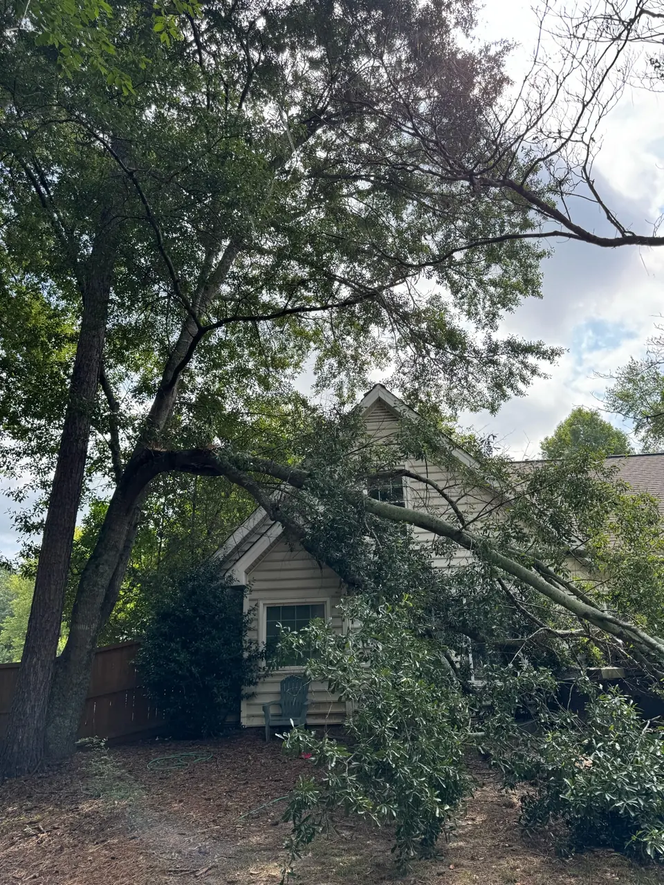 Before: Massive oak branch fallen onto house and patio in Powder Springs GA
