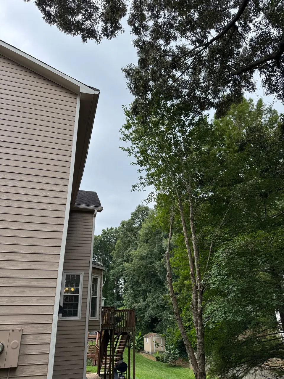 After: Trees pruned way back from house with clear space and more sky visible in Marietta GA